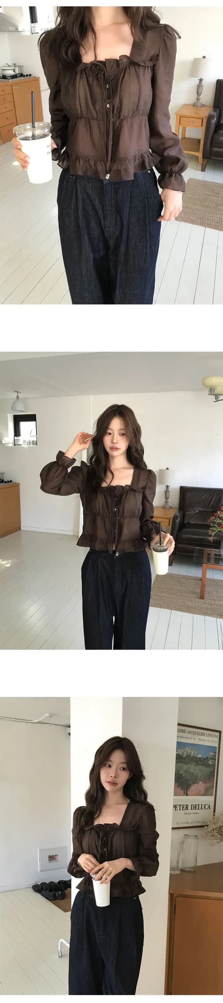 chic 한 부서 프랑스식 달콤함 연령 감소 부드러운 프릴 주름 장식 허리 수축 쉬폰 셔츠 맨위 상세 이미지 4