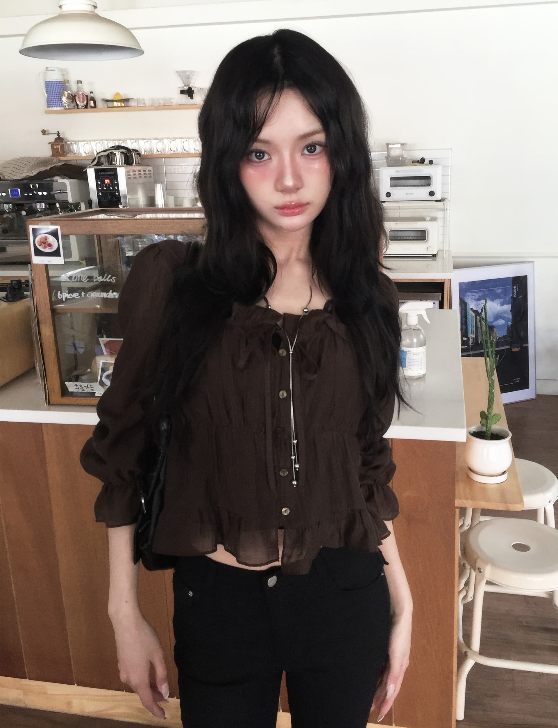 재고 있음 학원 스타일 달콤함 연령 감소 목이버섯 주름 쇼트 스타일 셔츠 이미지 4