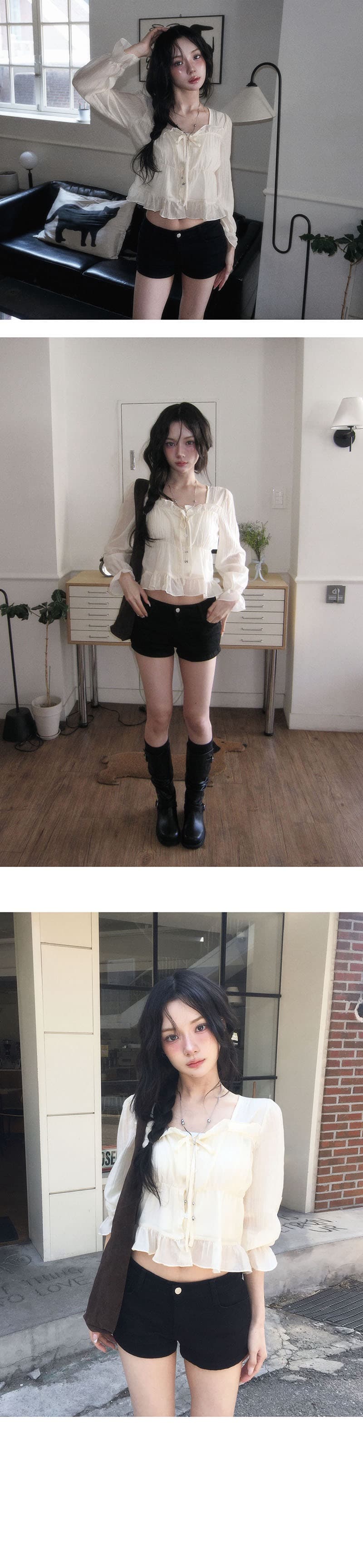 재고 있음 학원 스타일 달콤함 연령 감소 목이버섯 주름 쇼트 스타일 셔츠 상세 이미지 2