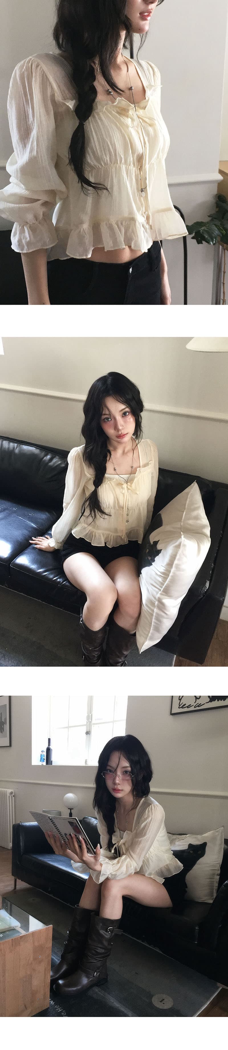 재고 있음 학원 스타일 달콤함 연령 감소 목이버섯 주름 쇼트 스타일 셔츠 상세 이미지 4
