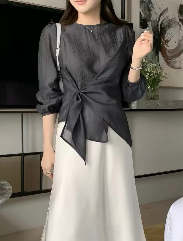 chic 한국 스타일 불규칙 약간 ~을 통해 라운드 넥 풀오버 셔츠 상세 이미지 8