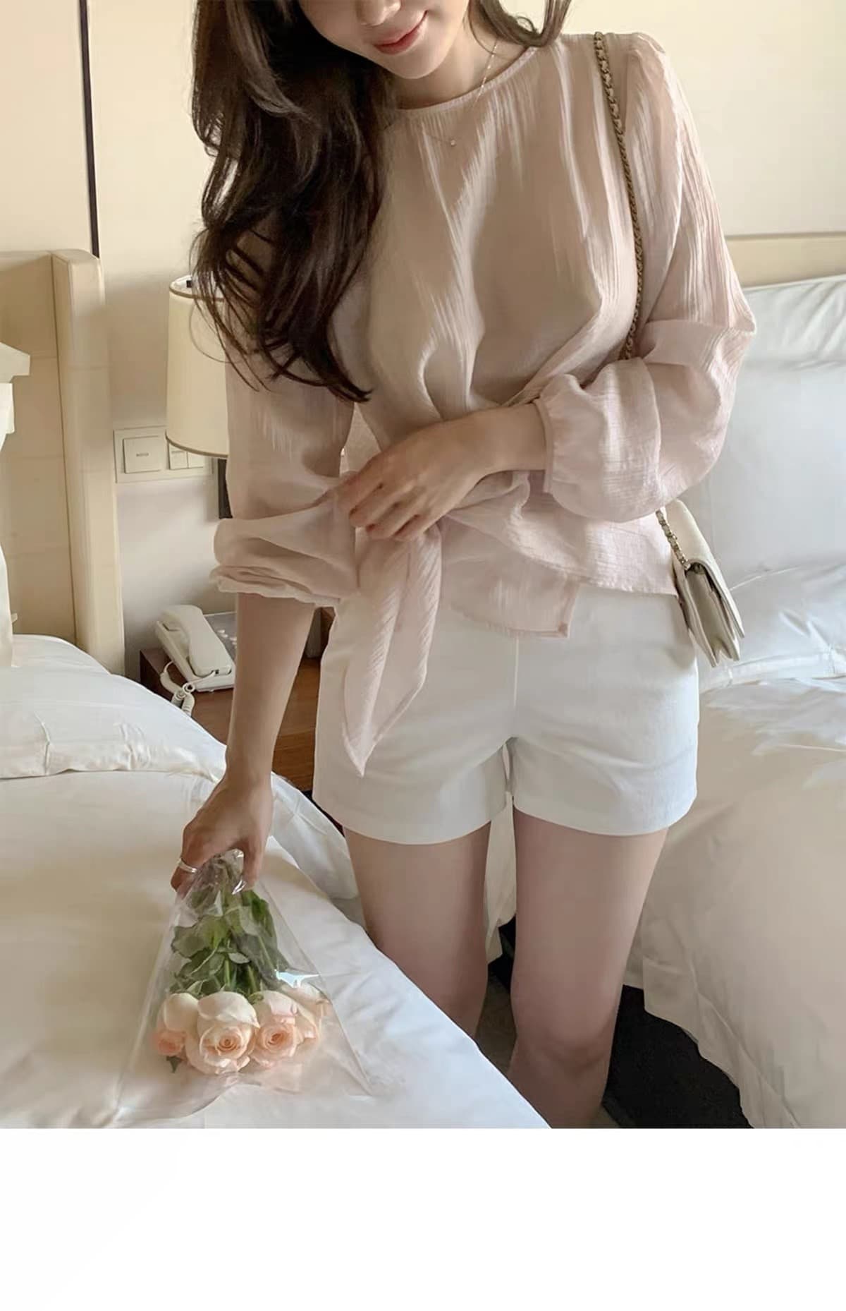 chic 한국 스타일 불규칙 약간 ~을 통해 라운드 넥 풀오버 셔츠 상세 이미지 11