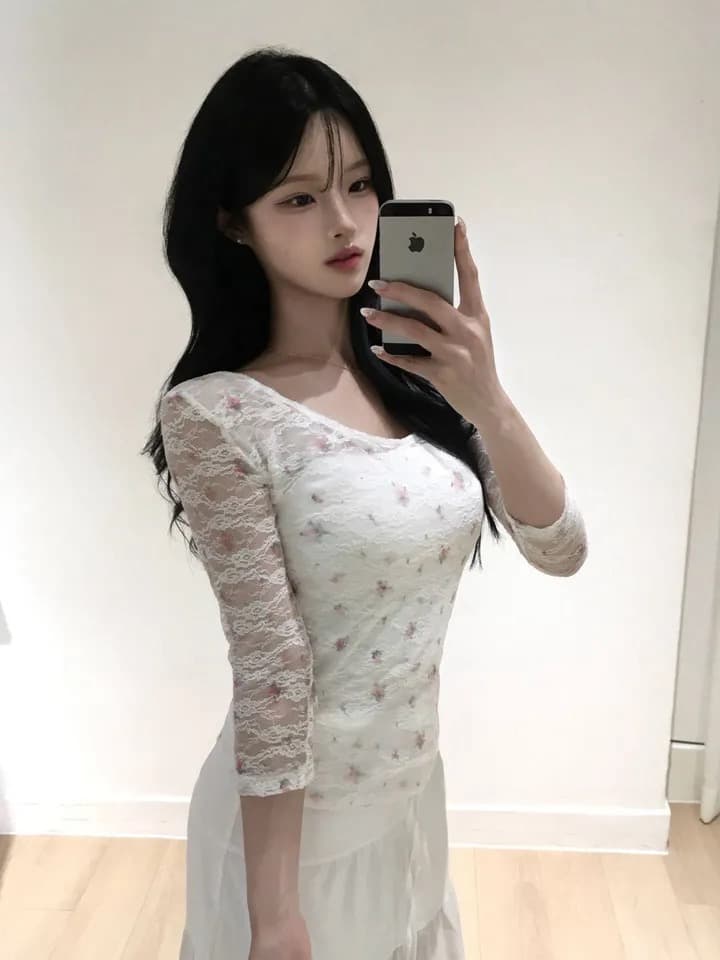 재고 있음 한 부서 순수한 욕망 바람 레이스 꽃무늬 이중층 u 칼라 몸매 가꾸기 중간 소매 t 이미지 4