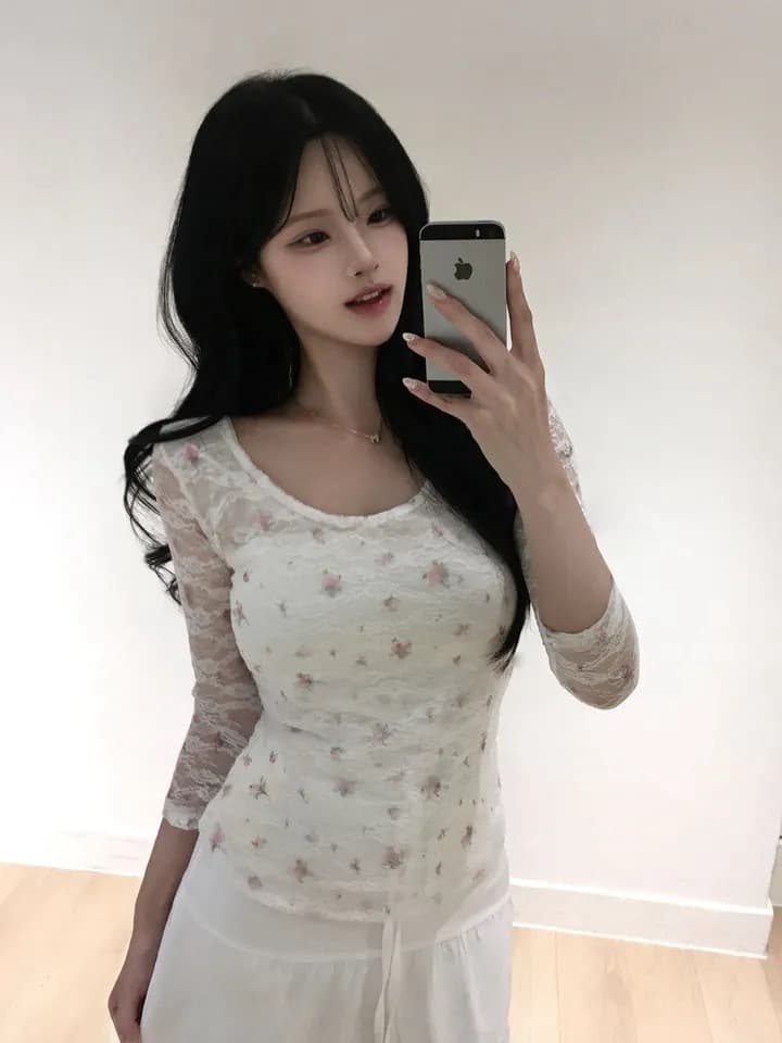 재고 있음 한 부서 순수한 욕망 바람 레이스 꽃무늬 이중층 u 칼라 몸매 가꾸기 중간 소매 t