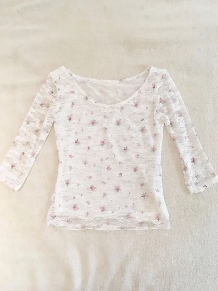재고 있음 한 부서 순수한 욕망 바람 레이스 꽃무늬 이중층 u 칼라 몸매 가꾸기 중간 소매 t 상세 이미지 1