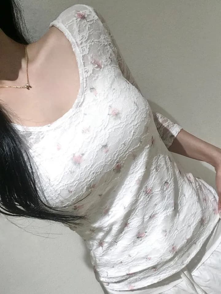 재고 있음 한 부서 순수한 욕망 바람 레이스 꽃무늬 이중층 u 칼라 몸매 가꾸기 중간 소매 t 상세 이미지 2
