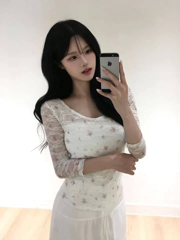 재고 있음 한 부서 순수한 욕망 바람 레이스 꽃무늬 이중층 u 칼라 몸매 가꾸기 중간 소매 t 상세 이미지 6