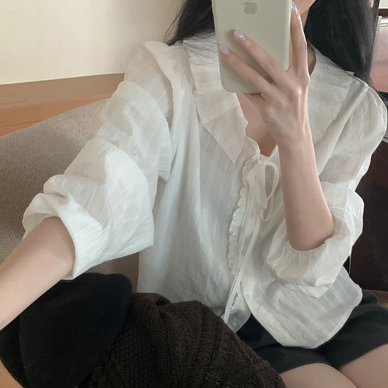 chic 2026 레이스업 싱글 줄 버튼 셔츠 이미지 4
