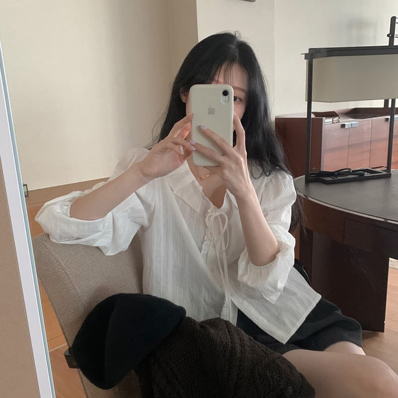 chic 2026 레이스업 싱글 줄 버튼 셔츠 상세 이미지 9