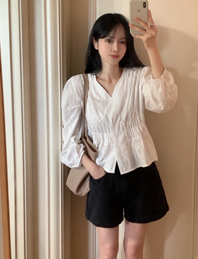 chic 한국 스타일 자카드 V넥 긴팔 허리 수축 셔츠