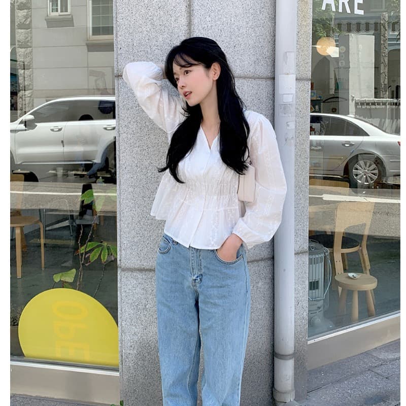 chic 한국 스타일 자카드 V넥 긴팔 허리 수축 셔츠 이미지 4