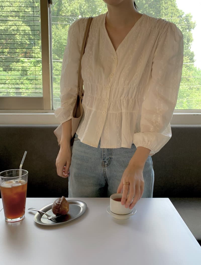 chic 한국 스타일 자카드 V넥 긴팔 허리 수축 셔츠 이미지 3