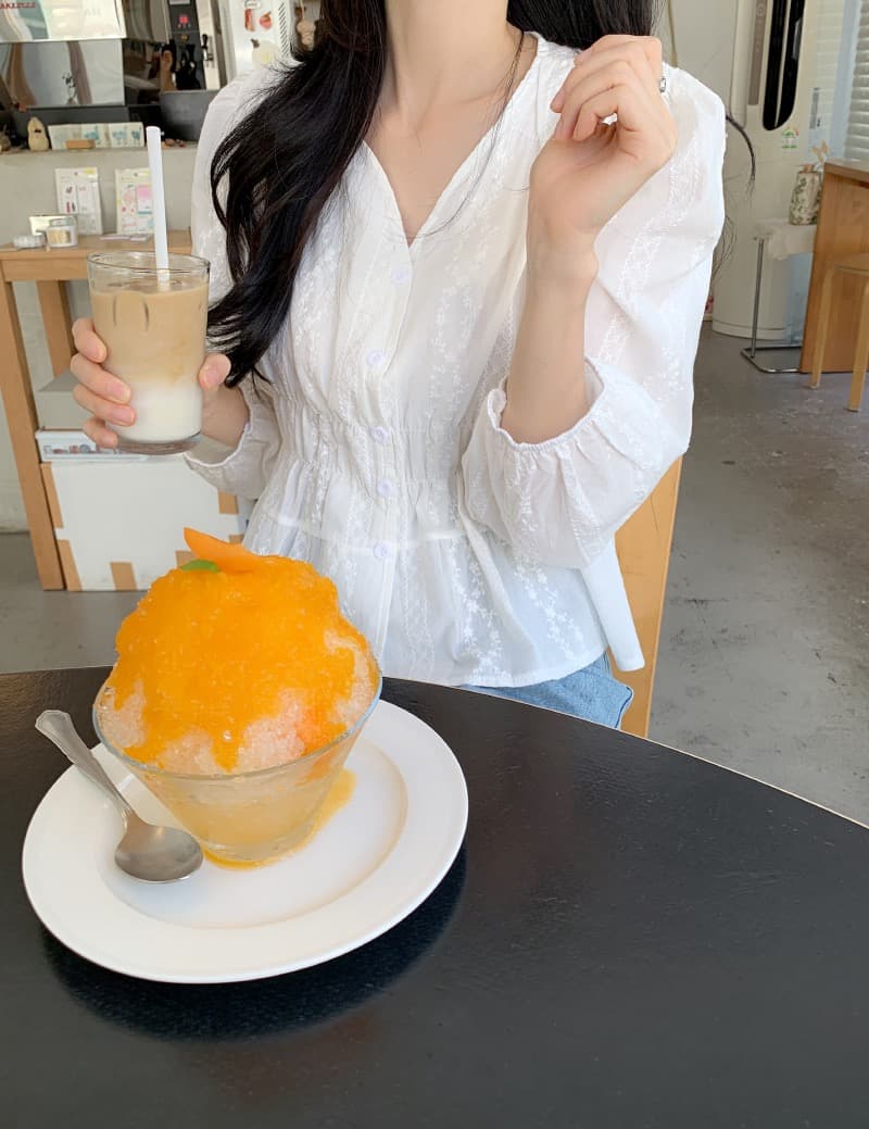 chic 한국 스타일 자카드 V넥 긴팔 허리 수축 셔츠 이미지 2