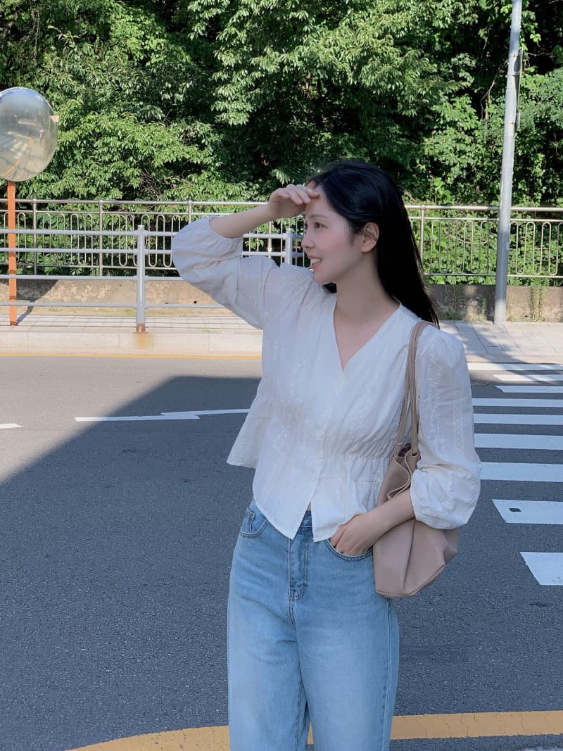 chic 한국 스타일 자카드 V넥 긴팔 허리 수축 셔츠 상세 이미지 3