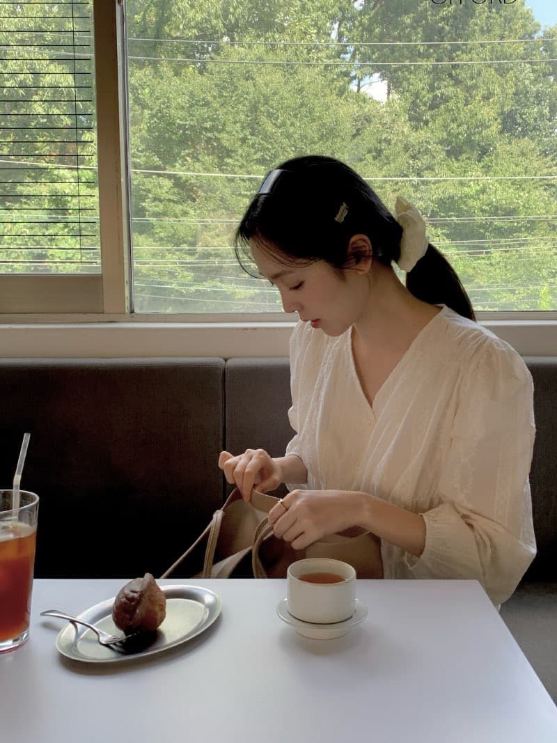 chic 한국 스타일 자카드 V넥 긴팔 허리 수축 셔츠 상세 이미지 4