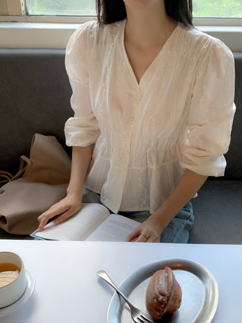 chic 한국 스타일 자카드 V넥 긴팔 허리 수축 셔츠 상세 이미지 6