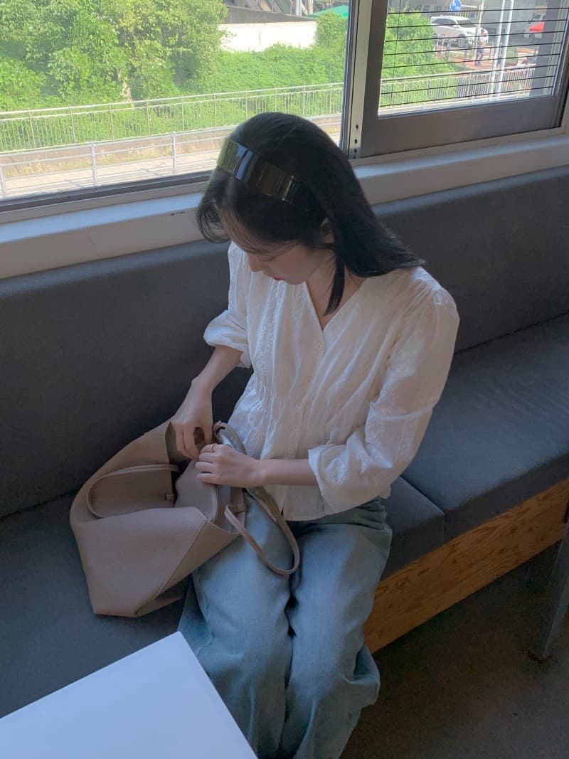 chic 한국 스타일 자카드 V넥 긴팔 허리 수축 셔츠 상세 이미지 7