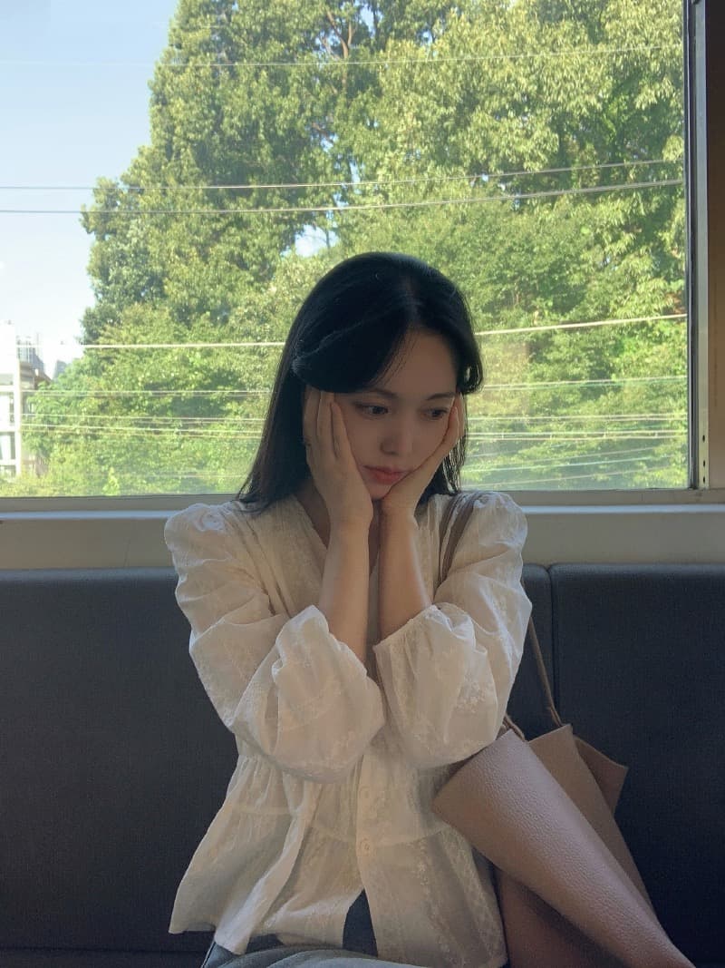 chic 한국 스타일 자카드 V넥 긴팔 허리 수축 셔츠 상세 이미지 8