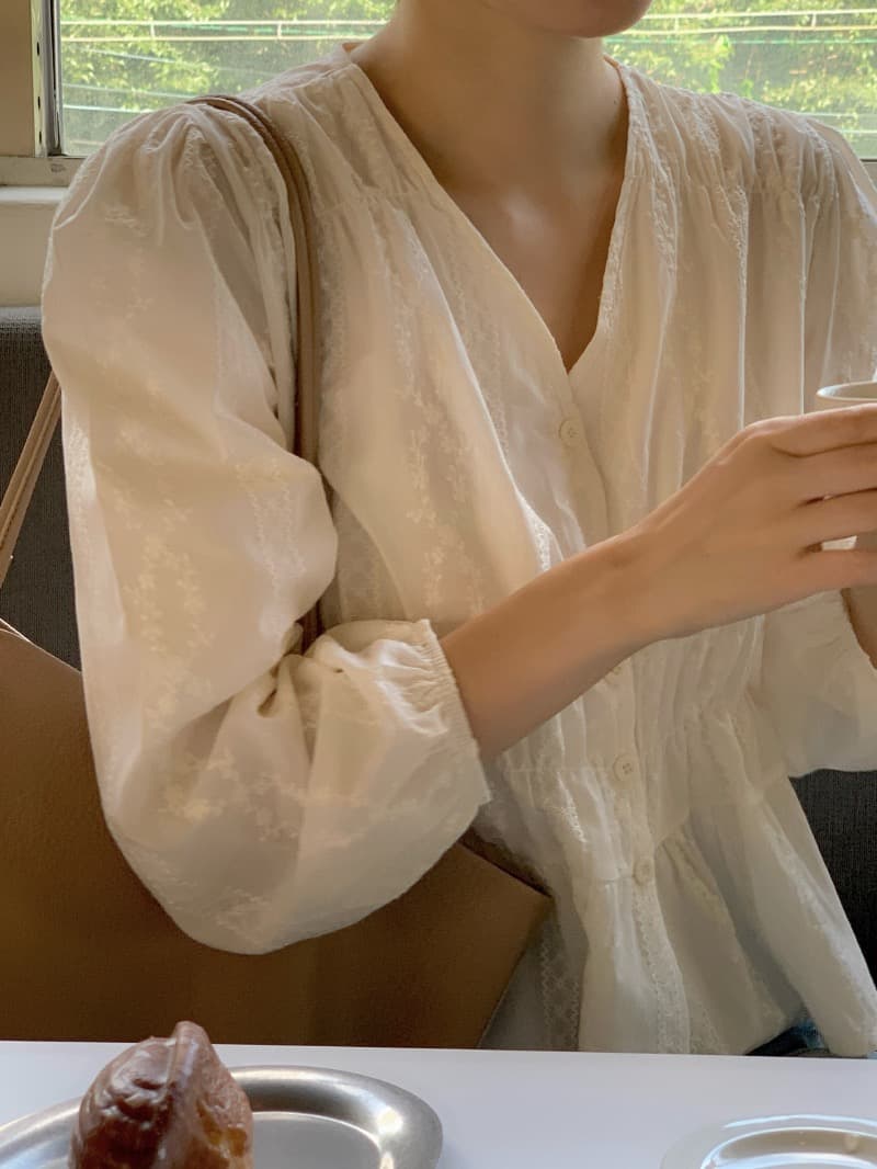 chic 한국 스타일 자카드 V넥 긴팔 허리 수축 셔츠 상세 이미지 10