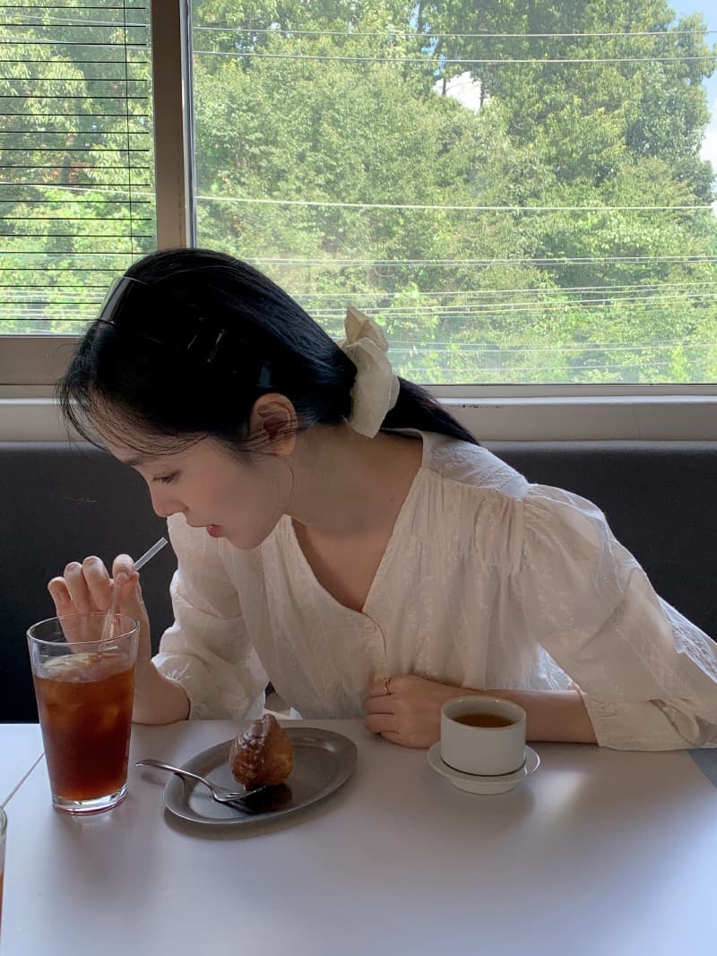chic 한국 스타일 자카드 V넥 긴팔 허리 수축 셔츠 상세 이미지 12