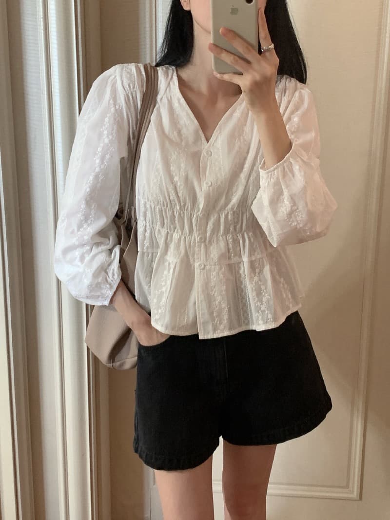 chic 한국 스타일 자카드 V넥 긴팔 허리 수축 셔츠 상세 이미지 13