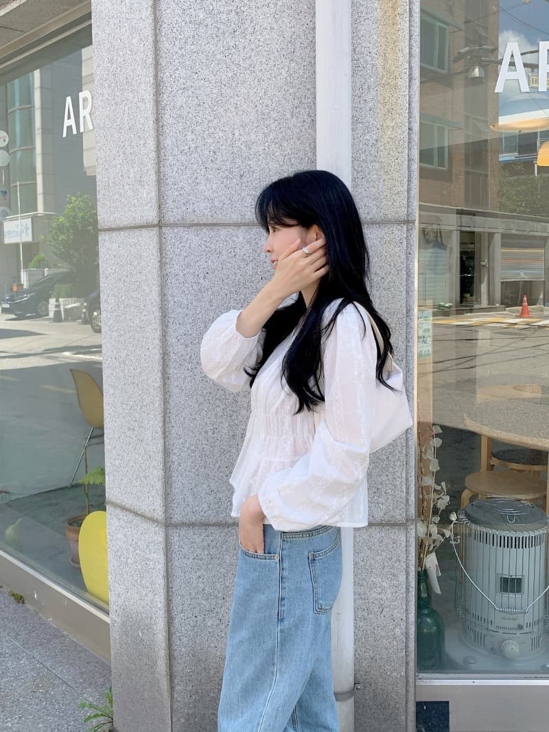 chic 한국 스타일 자카드 V넥 긴팔 허리 수축 셔츠 상세 이미지 15