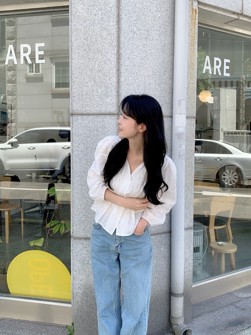 chic 한국 스타일 자카드 V넥 긴팔 허리 수축 셔츠 상세 이미지 17