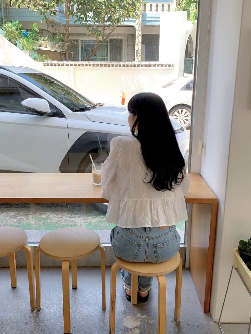 chic 한국 스타일 자카드 V넥 긴팔 허리 수축 셔츠 상세 이미지 19