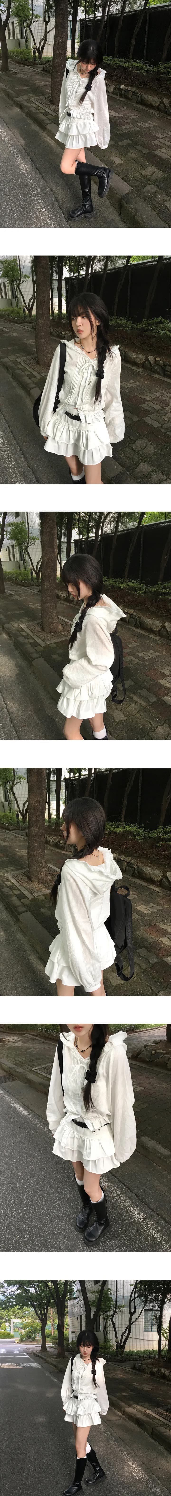 재고 있음 chic 자카드 원단 싱글 줄 버튼 허리 수축 레이스업 레이스 후드 셔츠 상세 이미지 1