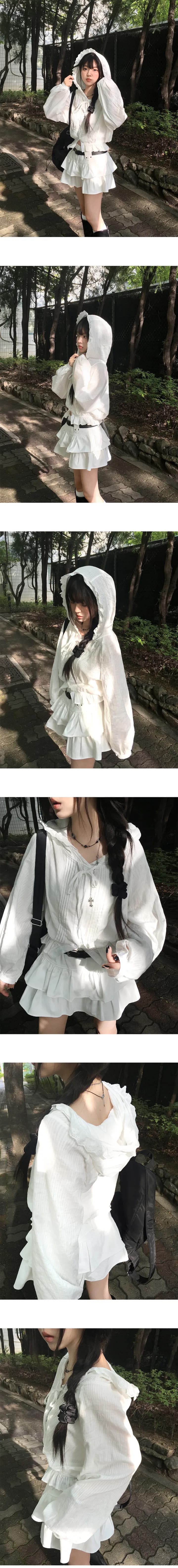 재고 있음 chic 자카드 원단 싱글 줄 버튼 허리 수축 레이스업 레이스 후드 셔츠 상세 이미지 2