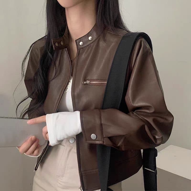 재고 있음 한국 스타일 다용도 스탠드 칼라 오토바이 가죽 재킷 반하이넥 긴팔 야구 유니폼 가죽 재킷 상세 이미지 1