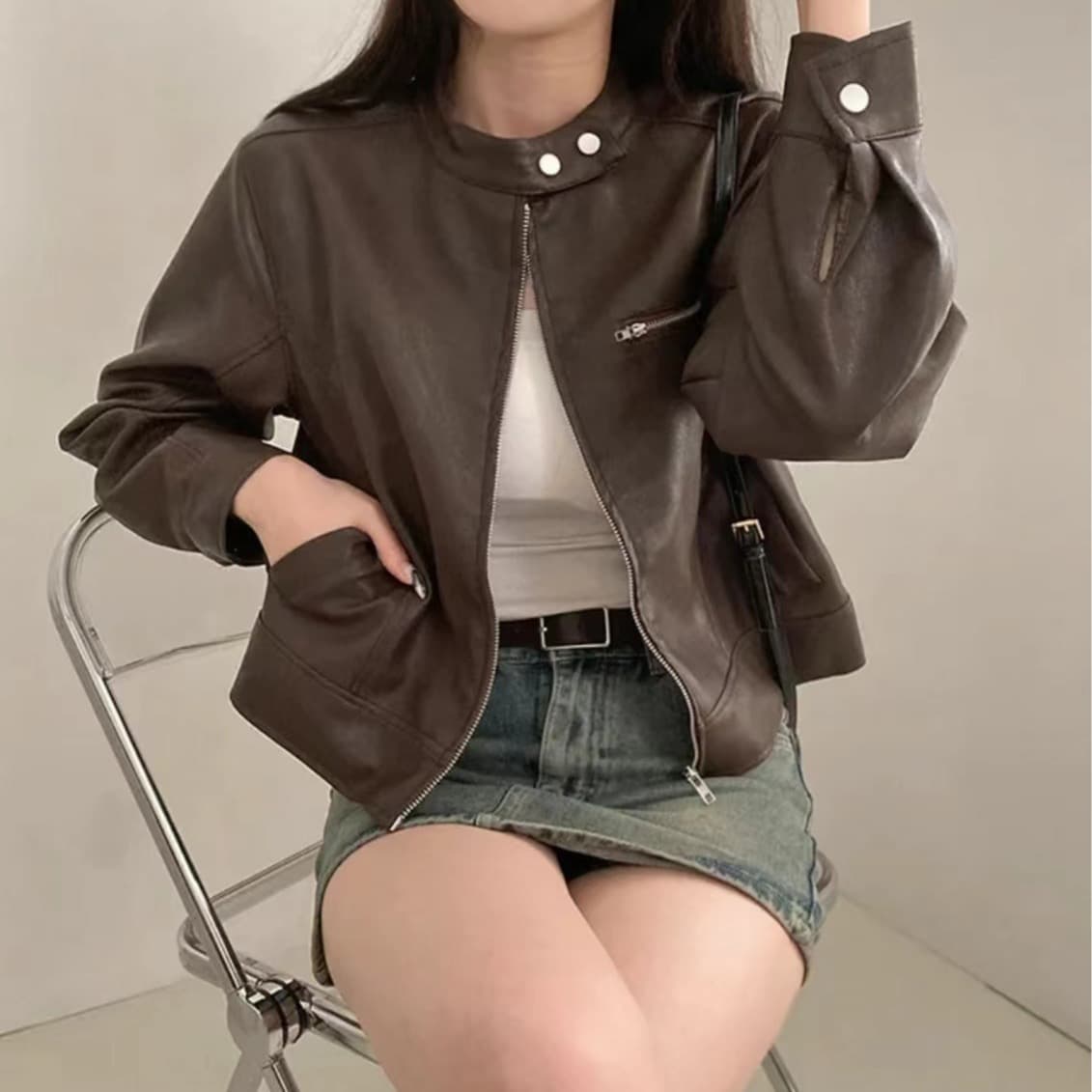 재고 있음 한국 스타일 다용도 스탠드 칼라 오토바이 가죽 재킷 반하이넥 긴팔 야구 유니폼 가죽 재킷 상세 이미지 4
