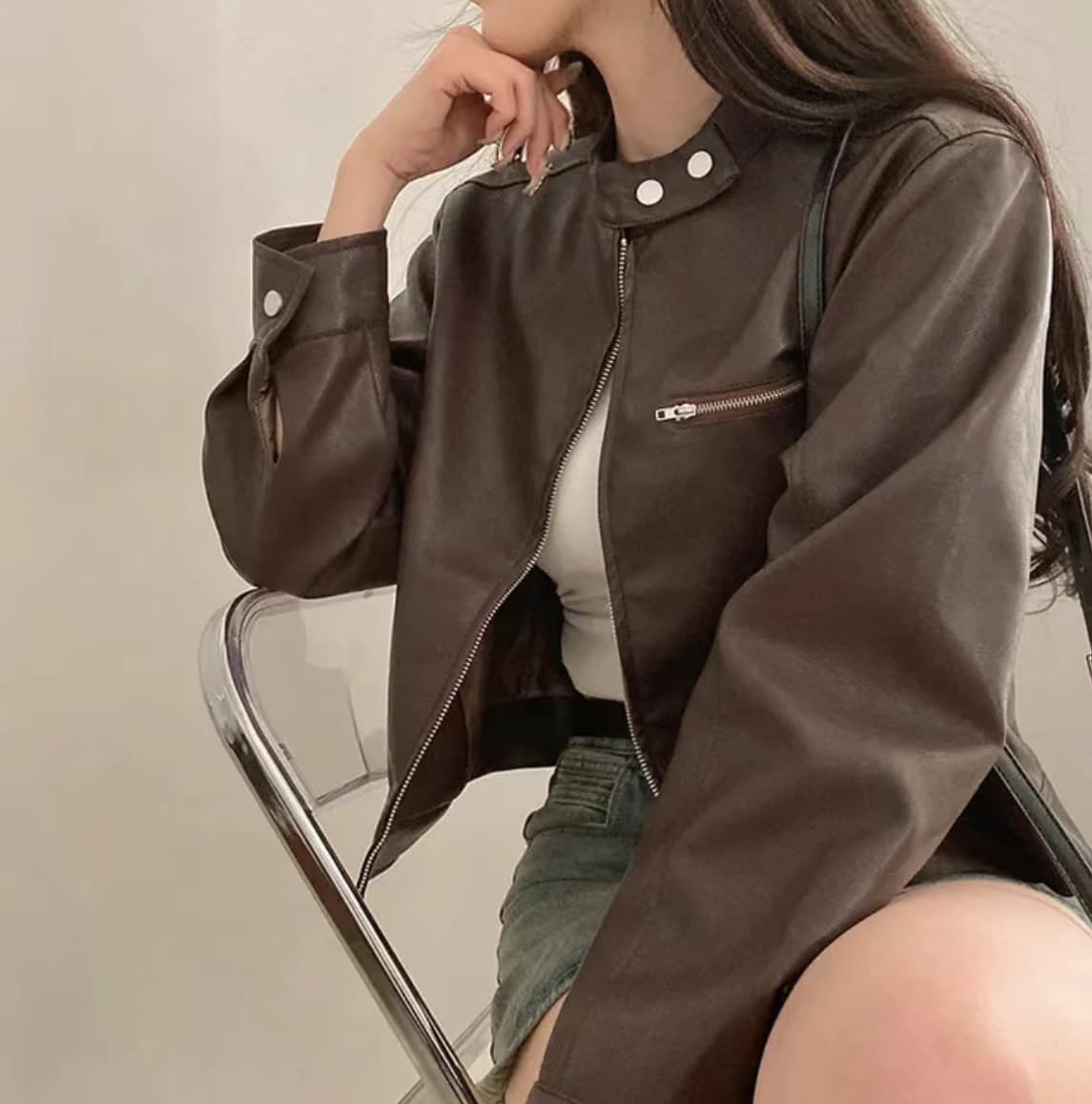 재고 있음 한국 스타일 다용도 스탠드 칼라 오토바이 가죽 재킷 반하이넥 긴팔 야구 유니폼 가죽 재킷 상세 이미지 8