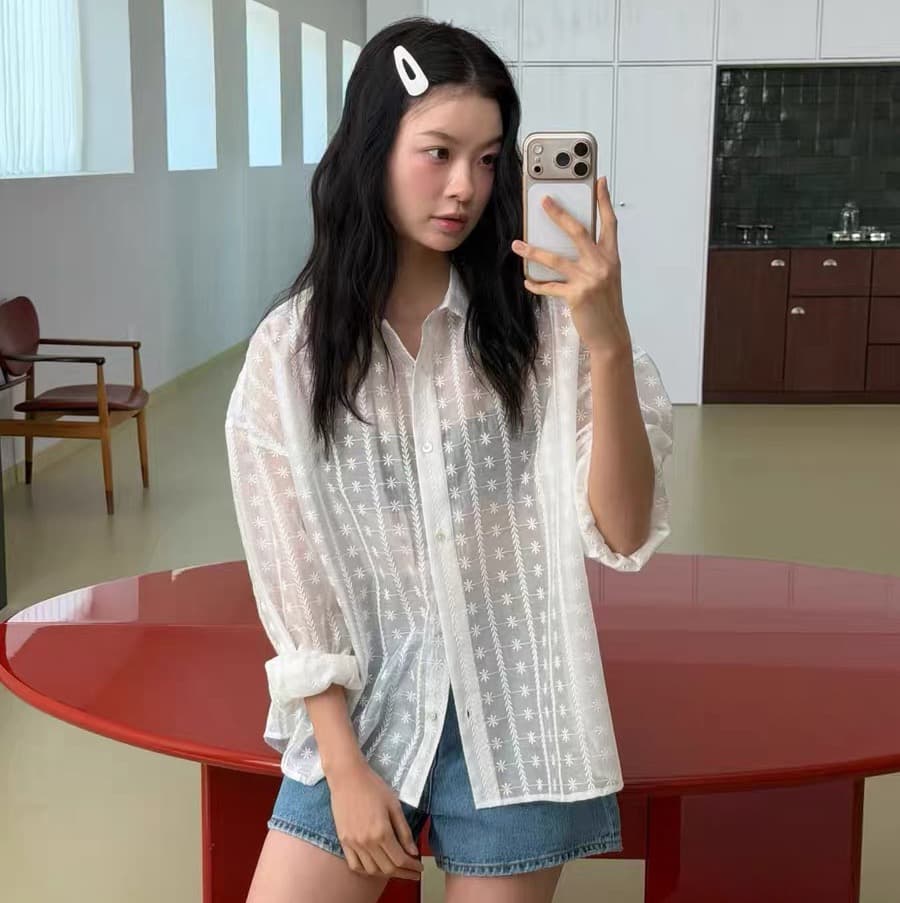 재고 있음 chic 느긋한 바람 루즈핏 홀로우 아웃 자수 재킷 셔츠 상세 이미지 15