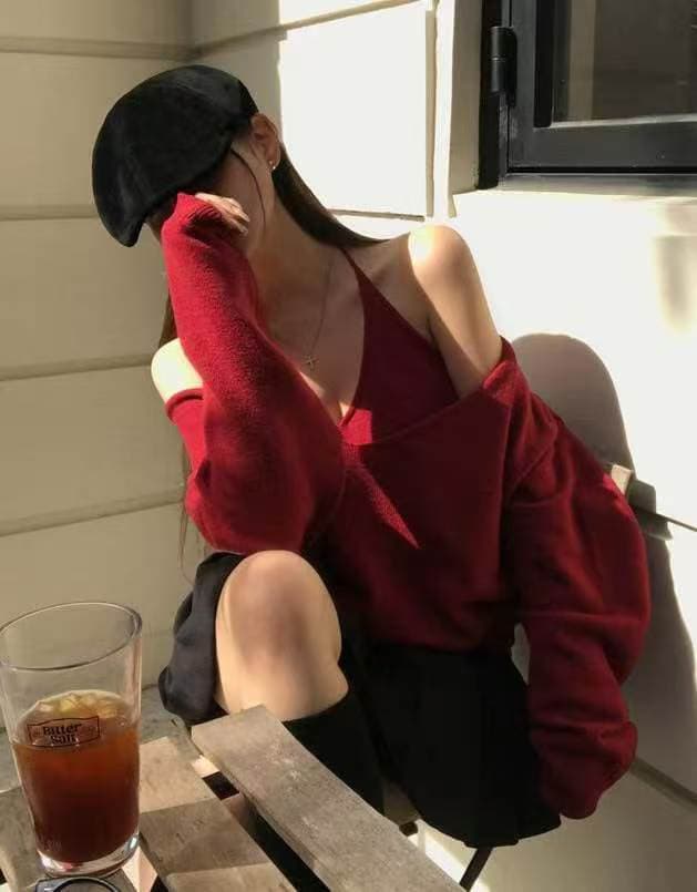 프랑스식 디자인 센스 스웨터 여성 의류 봄 품격 V넥 루즈핏 느긋한 바람 니트 스웨터 맨위 슬립 투피스 세트 상세 이미지 2