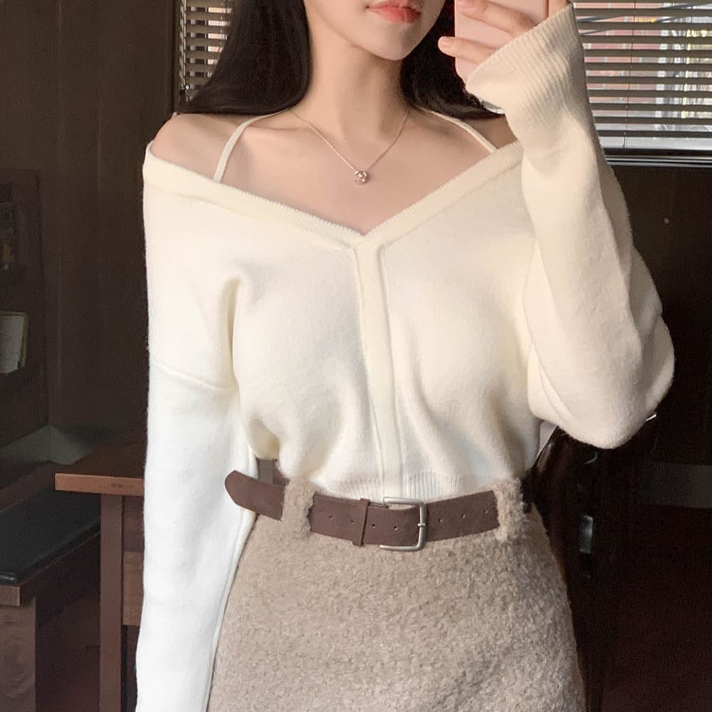 가을 새로운 chic 한국 작은 대중 디자인 센스 미니멀리즘 V넥 빛 요리 한 다용도 행침 목 둘 착용 오프숄더 니트 스웨터 여성 이미지 4