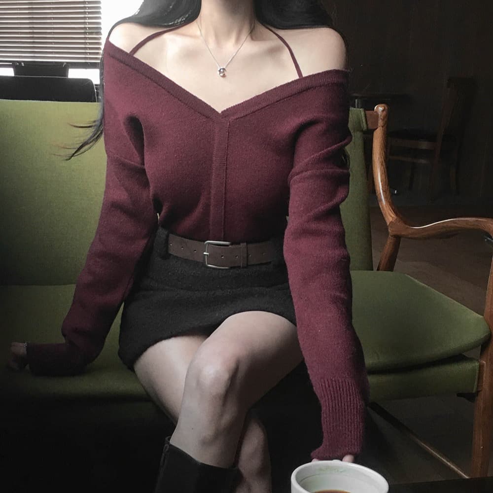 가을 새로운 chic 한국 작은 대중 디자인 센스 미니멀리즘 V넥 빛 요리 한 다용도 행침 목 둘 착용 오프숄더 니트 스웨터 여성 상세 이미지 29