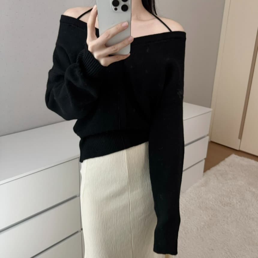 가을 새로운 chic 한국 작은 대중 디자인 센스 미니멀리즘 V넥 빛 요리 한 다용도 행침 목 둘 착용 오프숄더 니트 스웨터 여성 상세 이미지 30