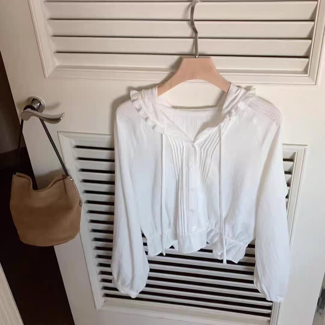 한국어 레이스 레이스 후드 부서 버클 셔츠 펀치 Chic 명중 Pleat 레이스업 긴팔 순면 여성 셔츠 상세 이미지 1