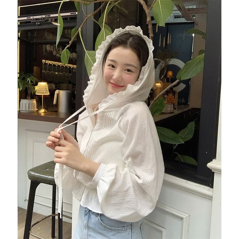 한국어 레이스 레이스 후드 부서 버클 셔츠 펀치 Chic 명중 Pleat 레이스업 긴팔 순면 여성 셔츠 상세 이미지 5