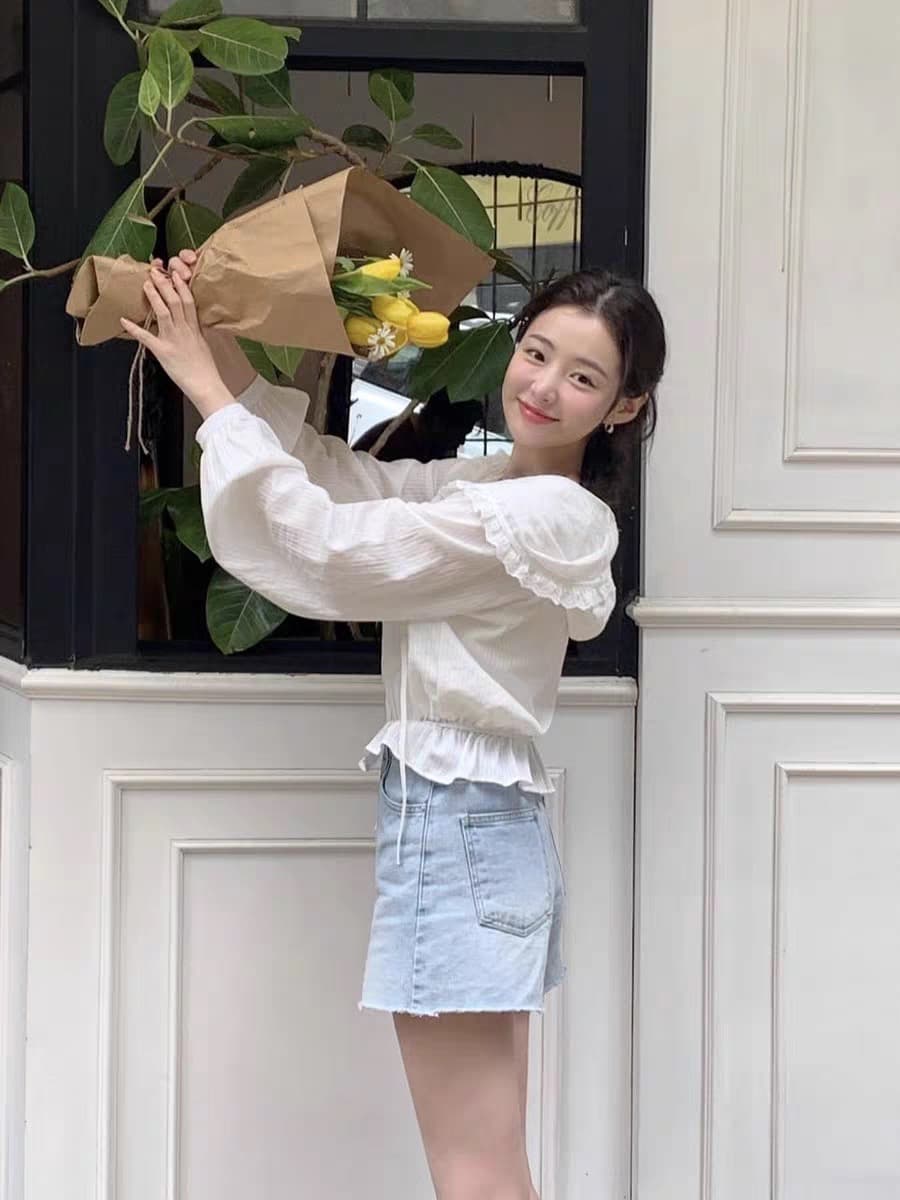 한국어 레이스 레이스 후드 부서 버클 셔츠 펀치 Chic 명중 Pleat 레이스업 긴팔 순면 여성 셔츠 상세 이미지 7
