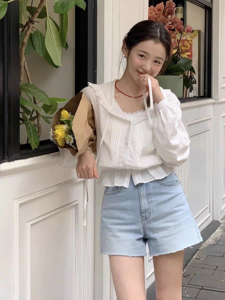 한국어 레이스 레이스 후드 부서 버클 셔츠 펀치 Chic 명중 Pleat 레이스업 긴팔 순면 여성 셔츠 상세 이미지 9
