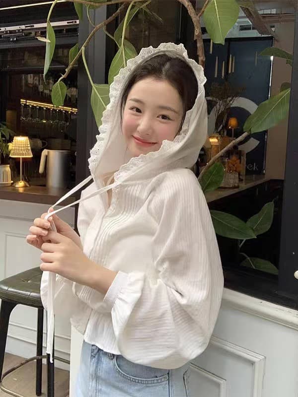 한국어 레이스 레이스 후드 부서 버클 셔츠 펀치 Chic 명중 Pleat 레이스업 긴팔 순면 여성 셔츠 상세 이미지 10