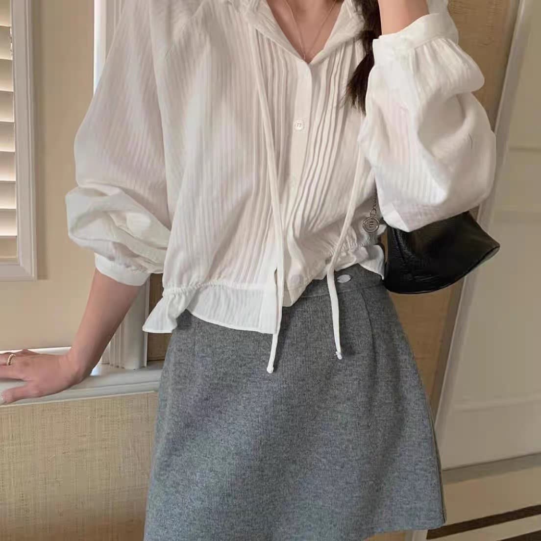 한국어 레이스 레이스 후드 부서 버클 셔츠 펀치 Chic 명중 Pleat 레이스업 긴팔 순면 여성 셔츠 상세 이미지 11