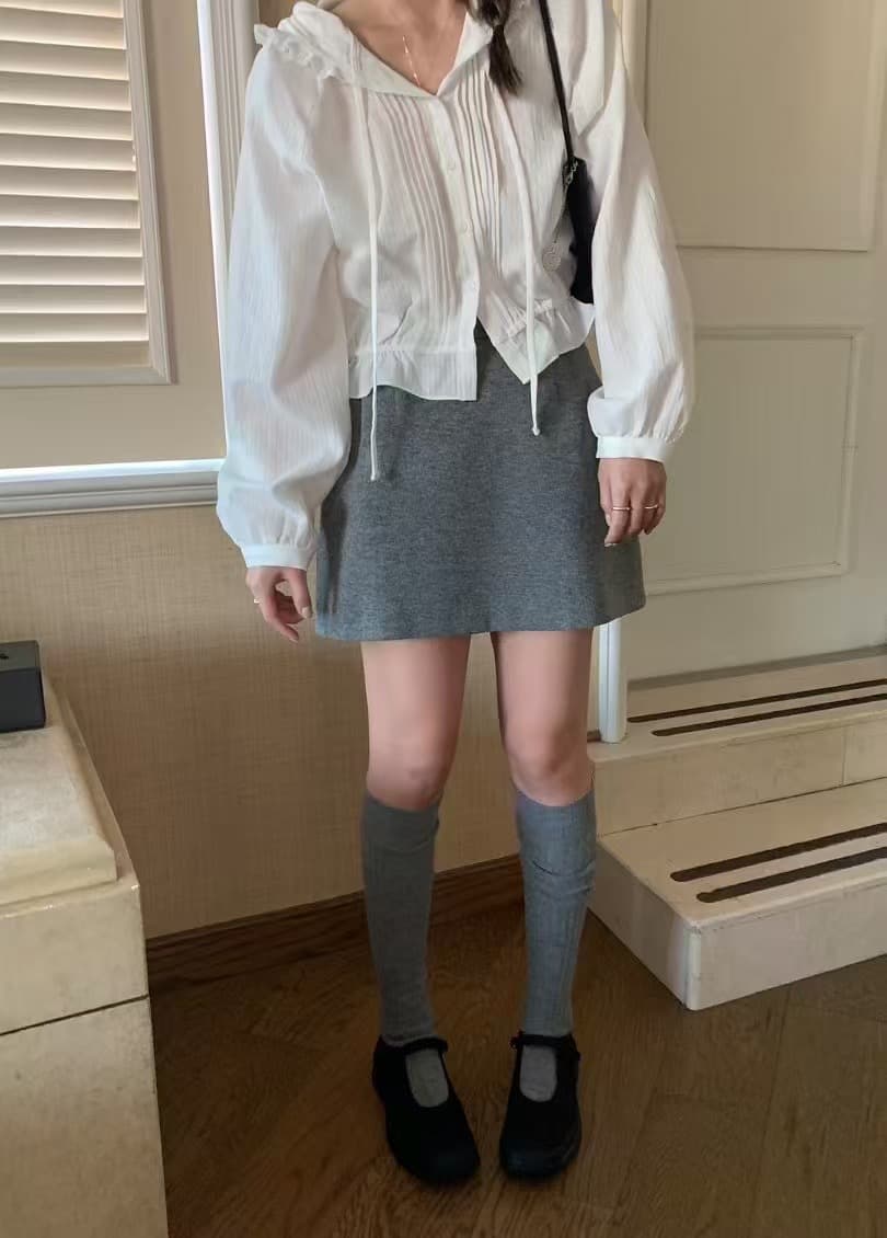 한국어 레이스 레이스 후드 부서 버클 셔츠 펀치 Chic 명중 Pleat 레이스업 긴팔 순면 여성 셔츠 상세 이미지 15