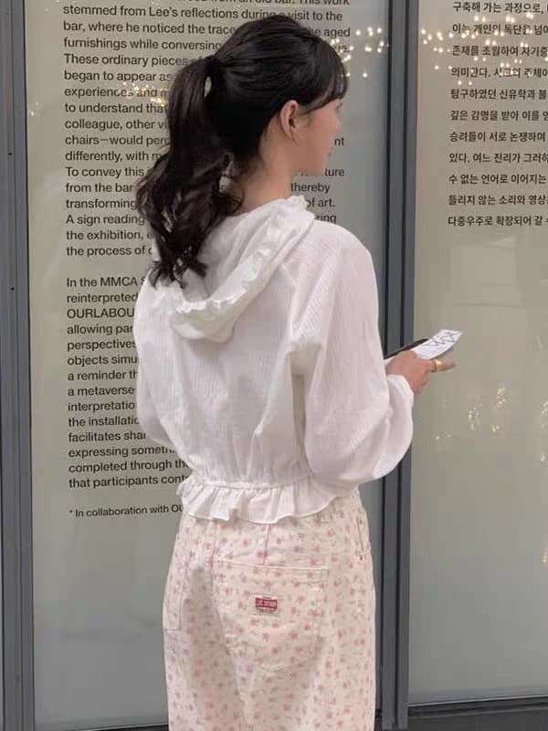 한국어 레이스 레이스 후드 부서 버클 셔츠 펀치 Chic 명중 Pleat 레이스업 긴팔 순면 여성 셔츠 상세 이미지 18