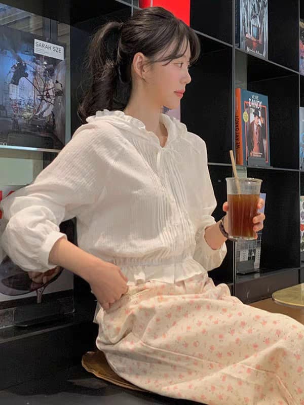 한국어 레이스 레이스 후드 부서 버클 셔츠 펀치 Chic 명중 Pleat 레이스업 긴팔 순면 여성 셔츠 상세 이미지 19