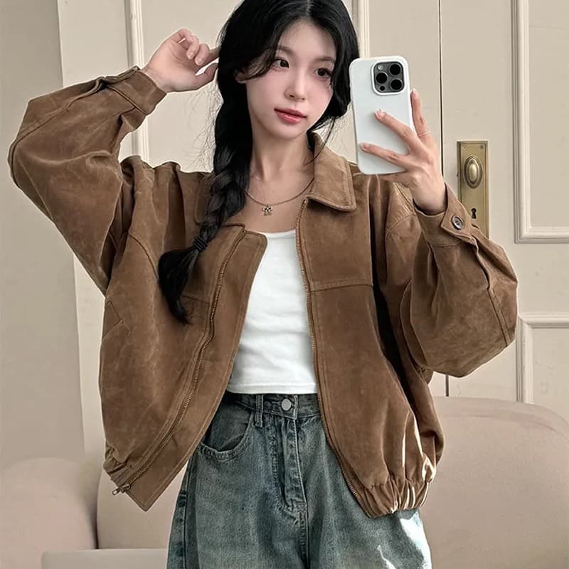 26 가을 겨울 한국 chic 레트로 작은 대중 루즈핏 캐주얼 긴팔 스웨이드 원단 야구 유니폼 재킷 재킷 1239 이미지 2