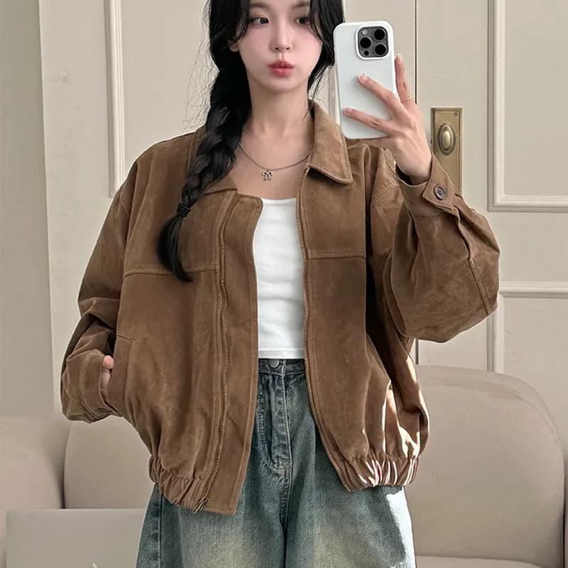 26 가을 겨울 한국 chic 레트로 작은 대중 루즈핏 캐주얼 긴팔 스웨이드 원단 야구 유니폼 재킷 재킷 1239 상세 이미지 7