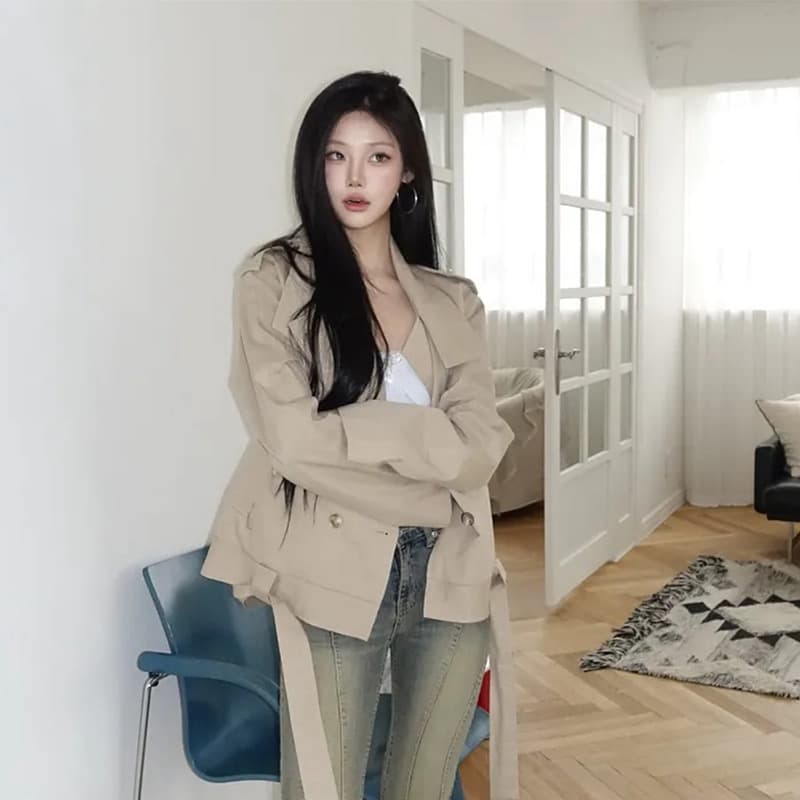chic 한국 스타일 이중 버튼 바람막이 쇼트 스타일 재킷